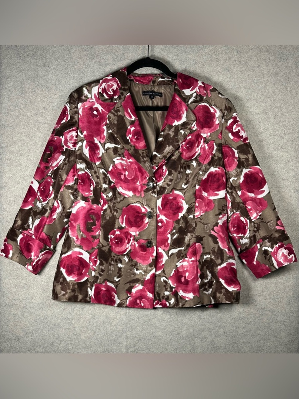 Preston & York Floral Rose Blazer in Pink and Brown 3/4 sleeves